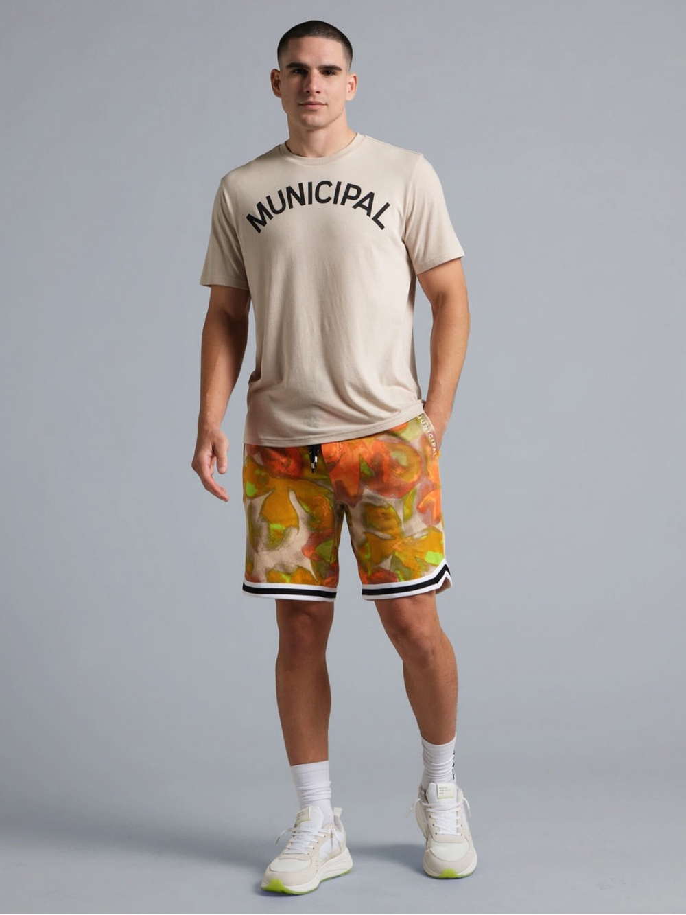 Municipal Disciple Court Short Men Wildflower Mesh Elastic Zip Pocket Size Large